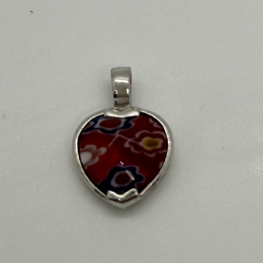Sterling Silver Heart Pendant With Millefiori Glass Design Red Multicolor 925 - Picture 2 of 11